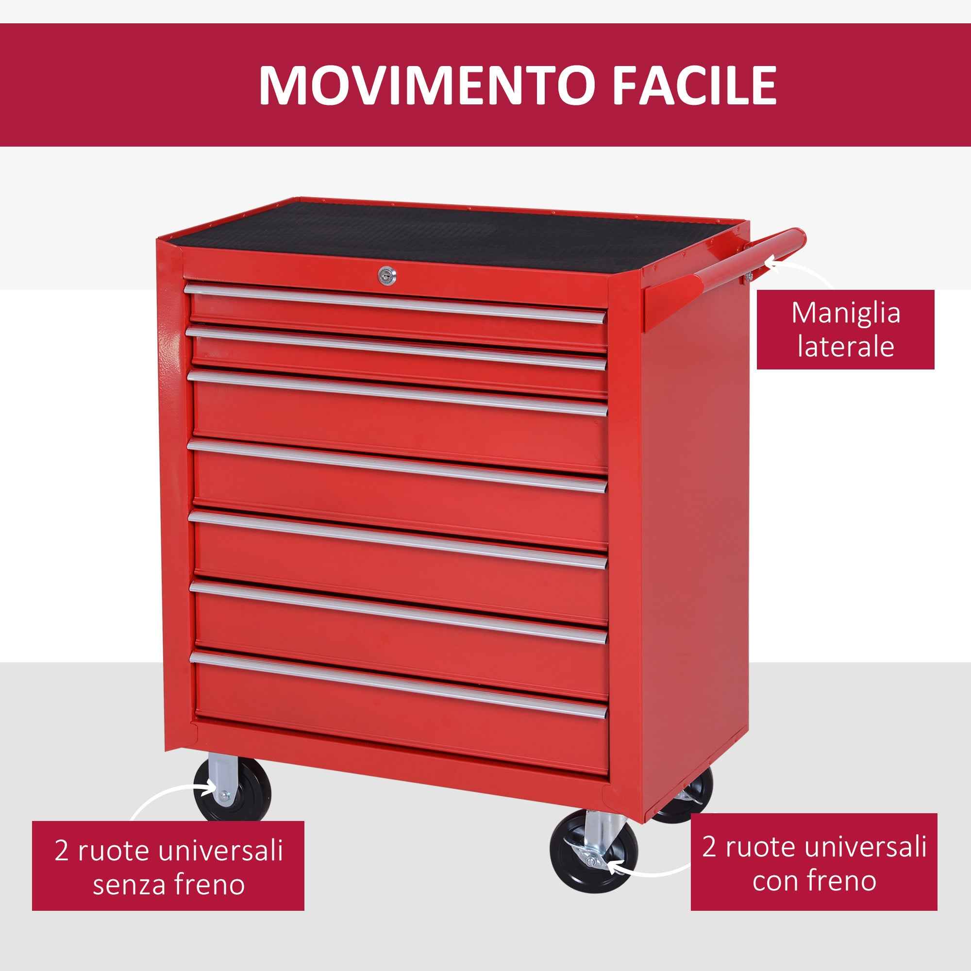 DURHAND Tool Cart with 7 Drawers, EVA Mats, Lock and 2 Keys, Wheels with Brakes, Handle, Red