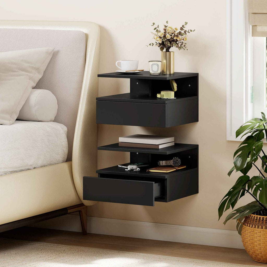 HOMCOM Set of 2 Floating Nightstands with Drawer and Open Shelf, 35x32x22.5 cm, Black