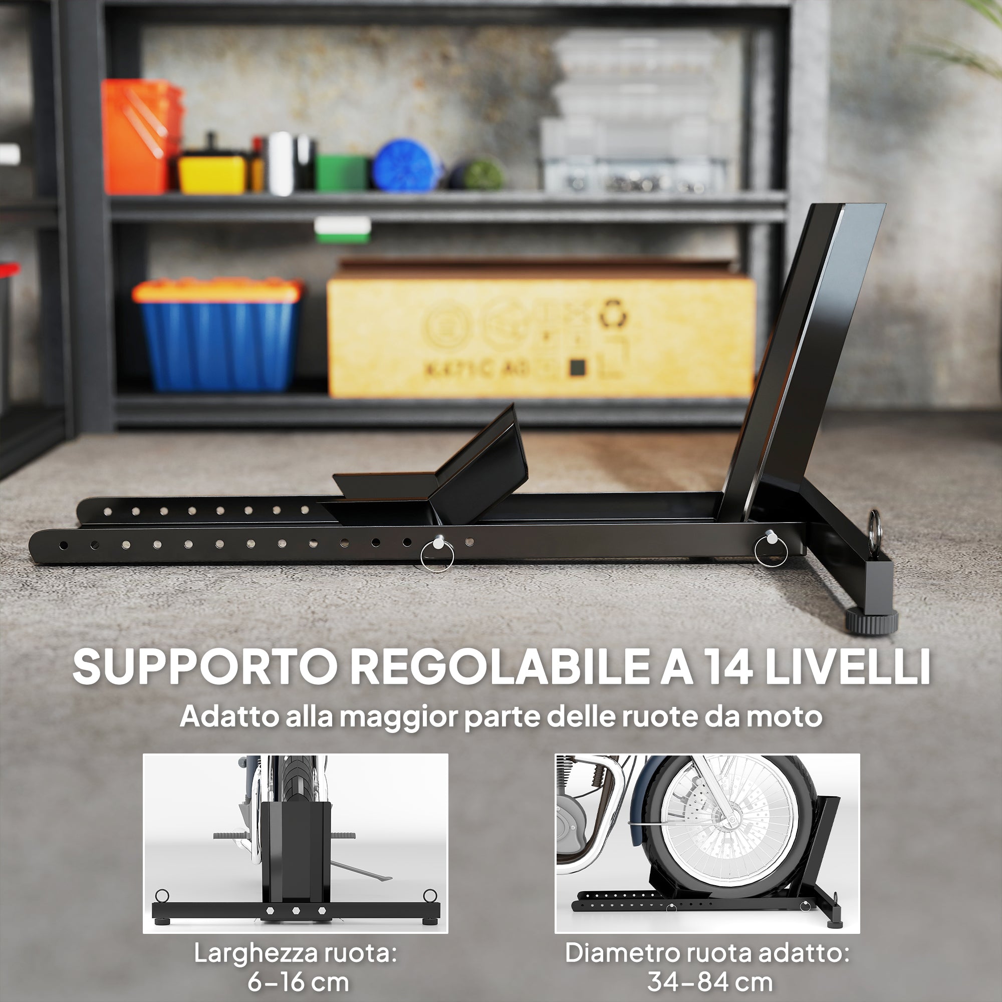 Motorcycle Wheel Chock, 14-Level Adjustable Bracket for Wheels Ø34-84 cm, Black