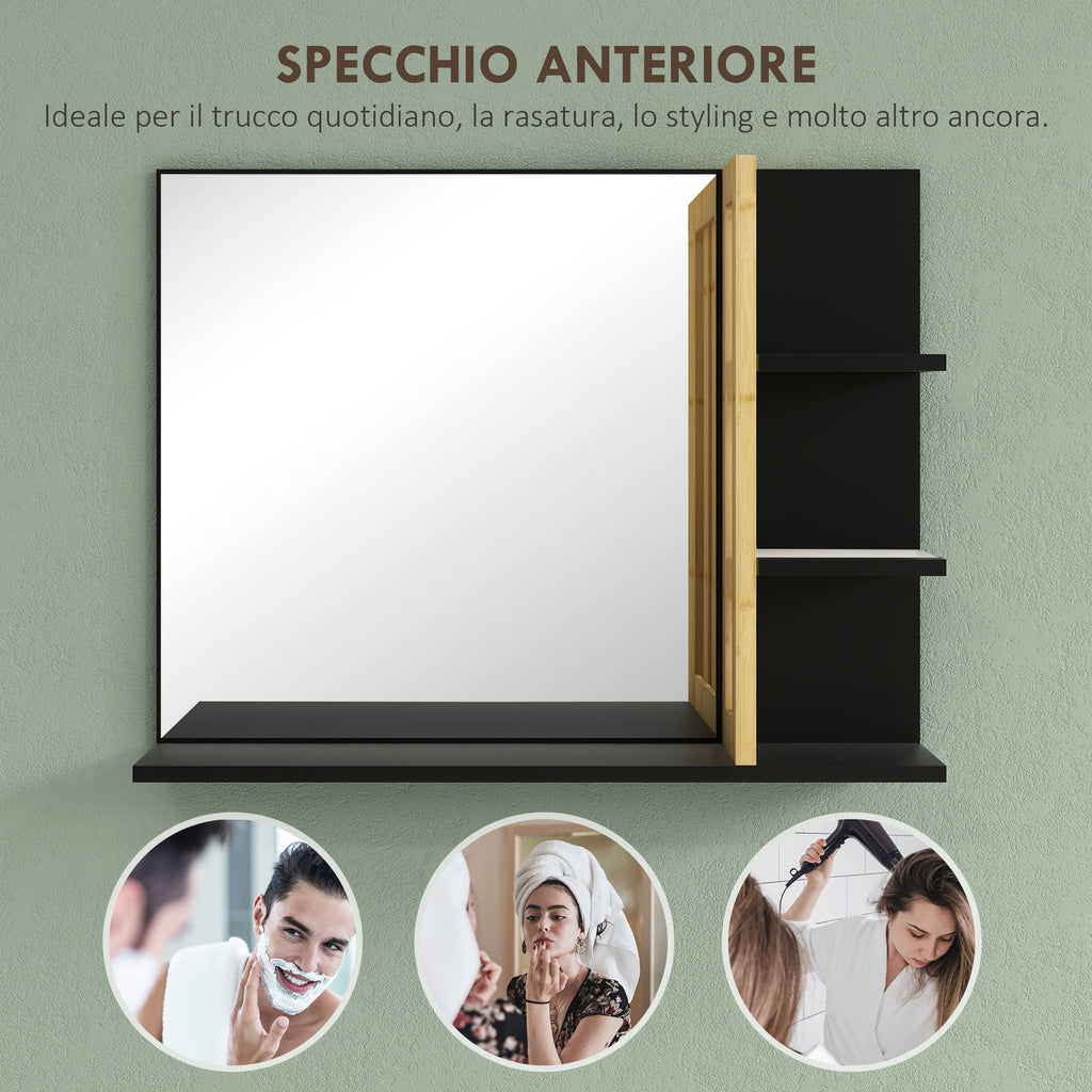 HOMCOM Modern Wall Bathroom Mirror with 4 Wooden Shelves, 45x15x58.5cm, Black - Borgè