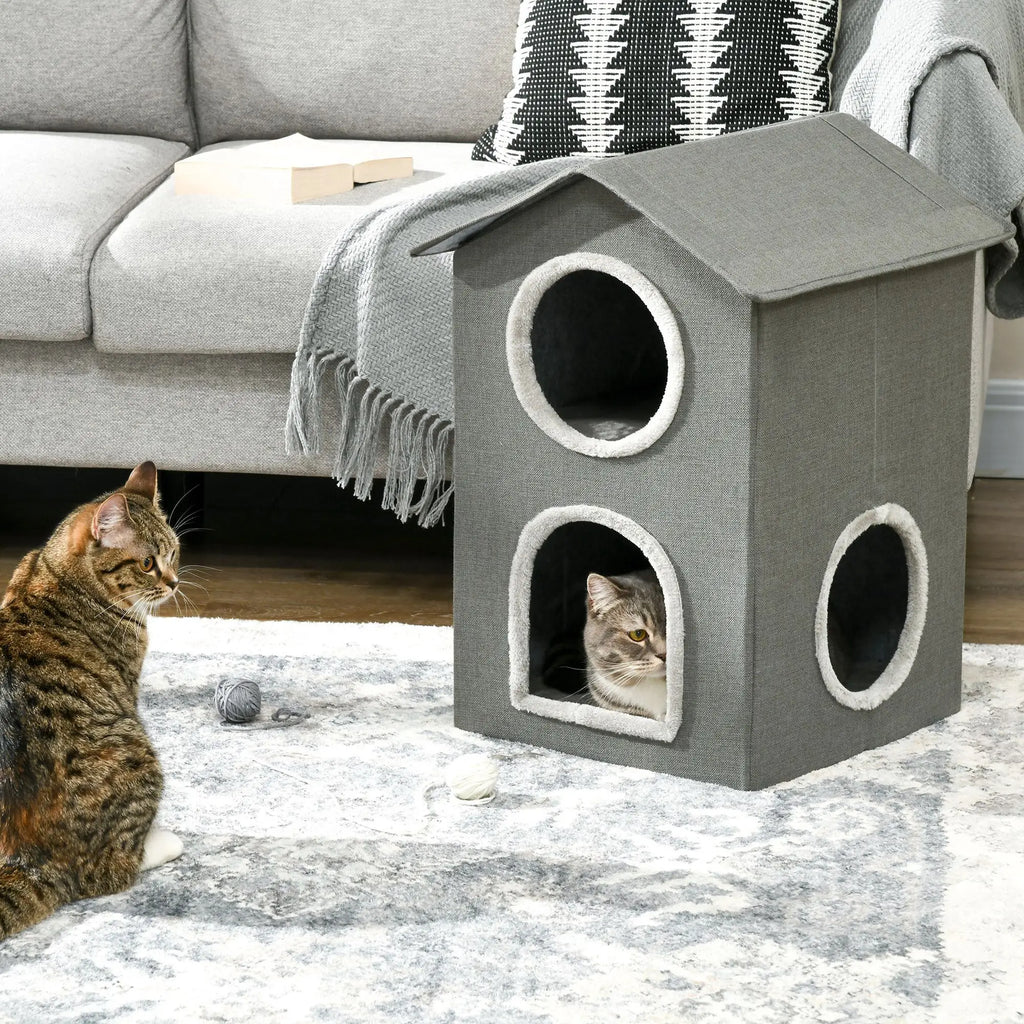 Two Level Cat House with Washable Cushions 3 Entrances, 42x46x59.5 cm, Grey - Borge' Group Limited