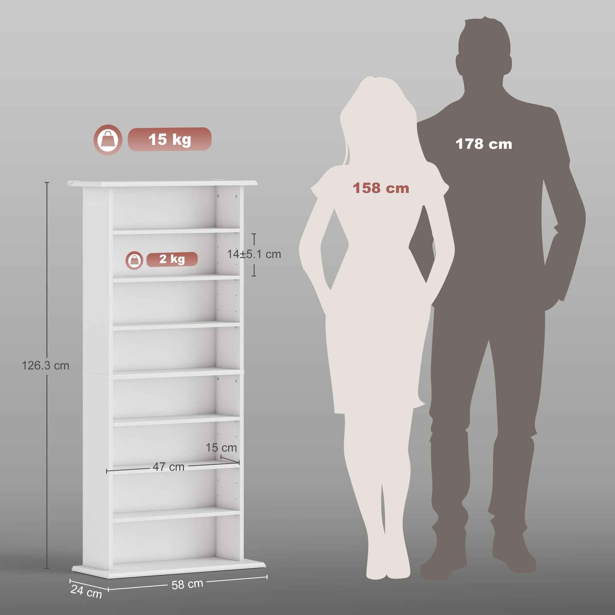 HOMCOM CD Storage Rack with 6 Adjustable Shelves, 360 CDs/185 DVDs Capacity, 58x24x124.5 cm, White