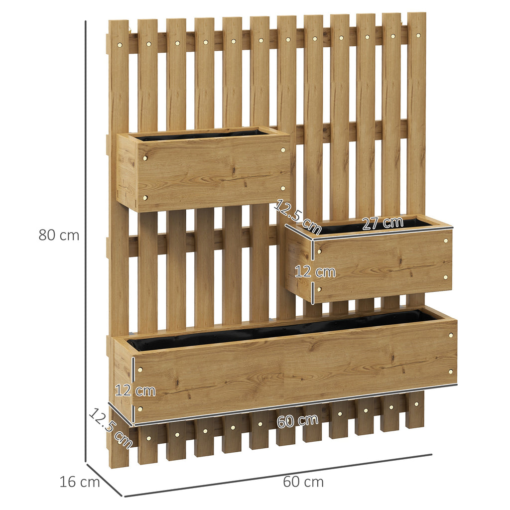 Vertical Slatted Planter with 3 Removable Pots, in Fir Wood, 60x16x80 cm, Burnt Brown