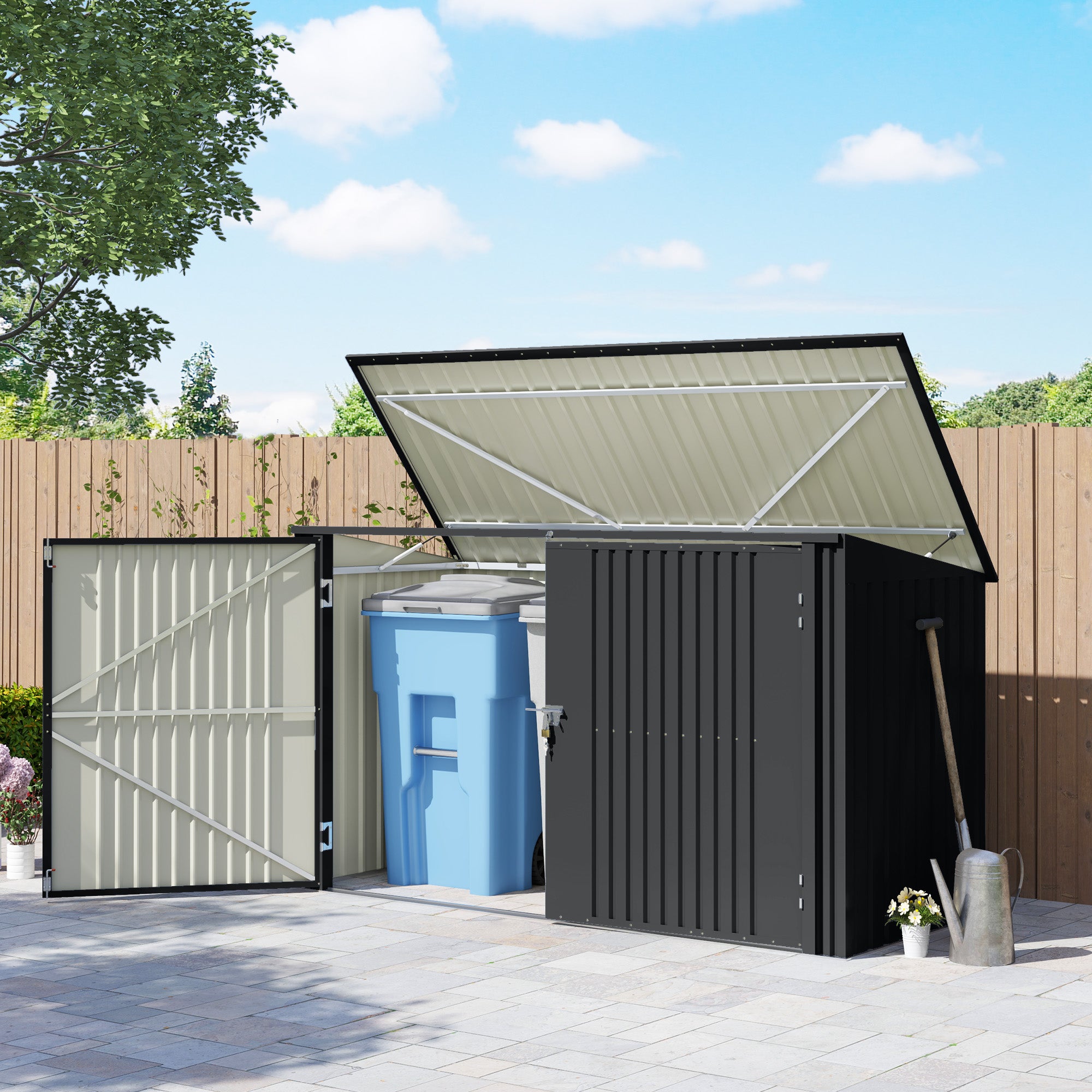 Steel Bin Covers for 3 240L Bins with 2 Doors and Lid, 233x105x118.5/133 cm, Dark Gray