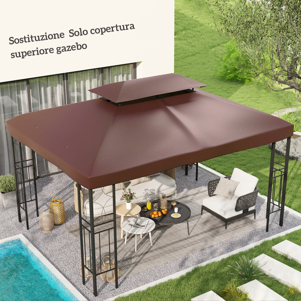 Outsunny 3x4m 2-Tier Garden Gazebo Cover in 600D Oxford Fabric with Drainage Holes, Coffee