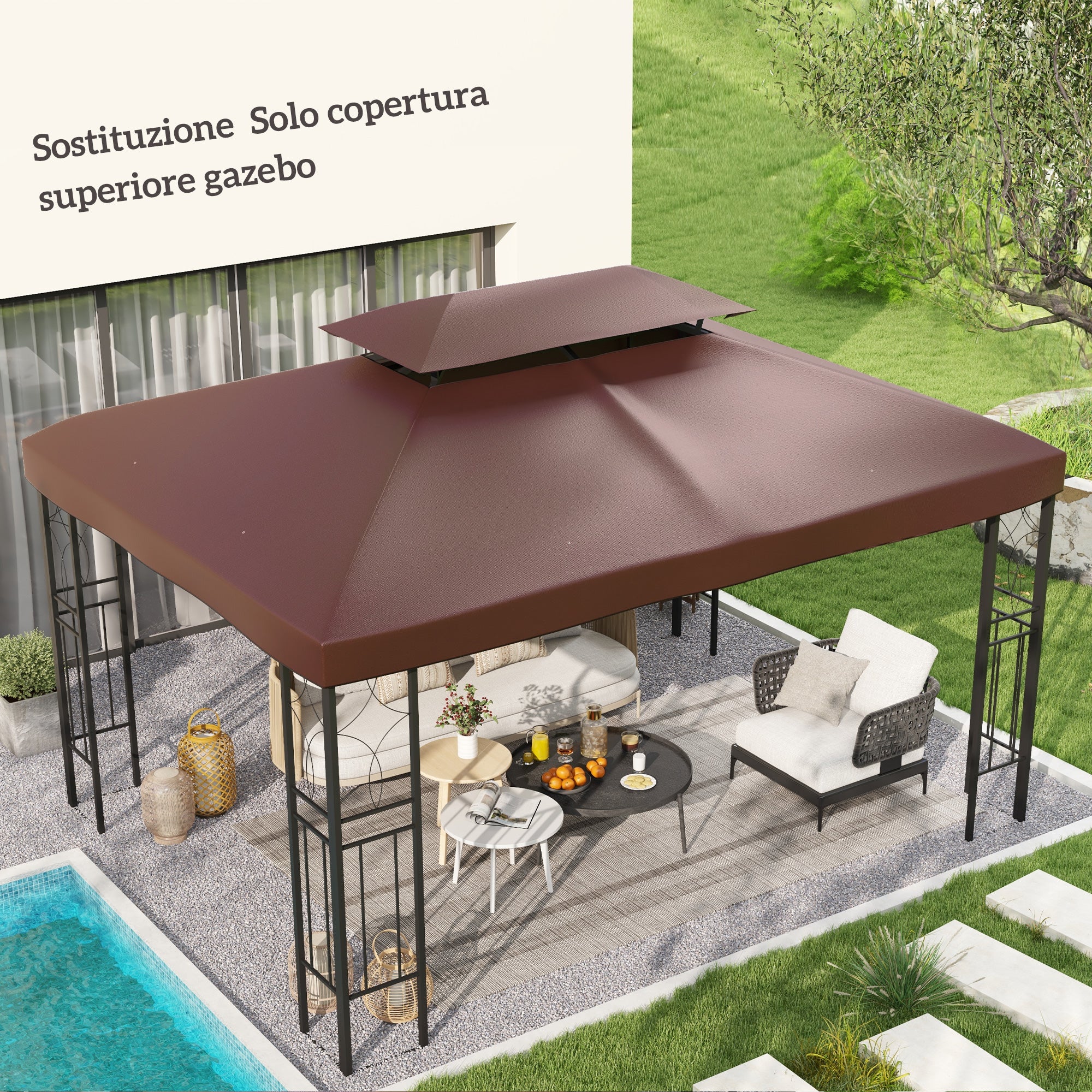 Outsunny 3x4m 2-Tier Garden Gazebo Cover in 600D Oxford Fabric with Drainage Holes, Coffee