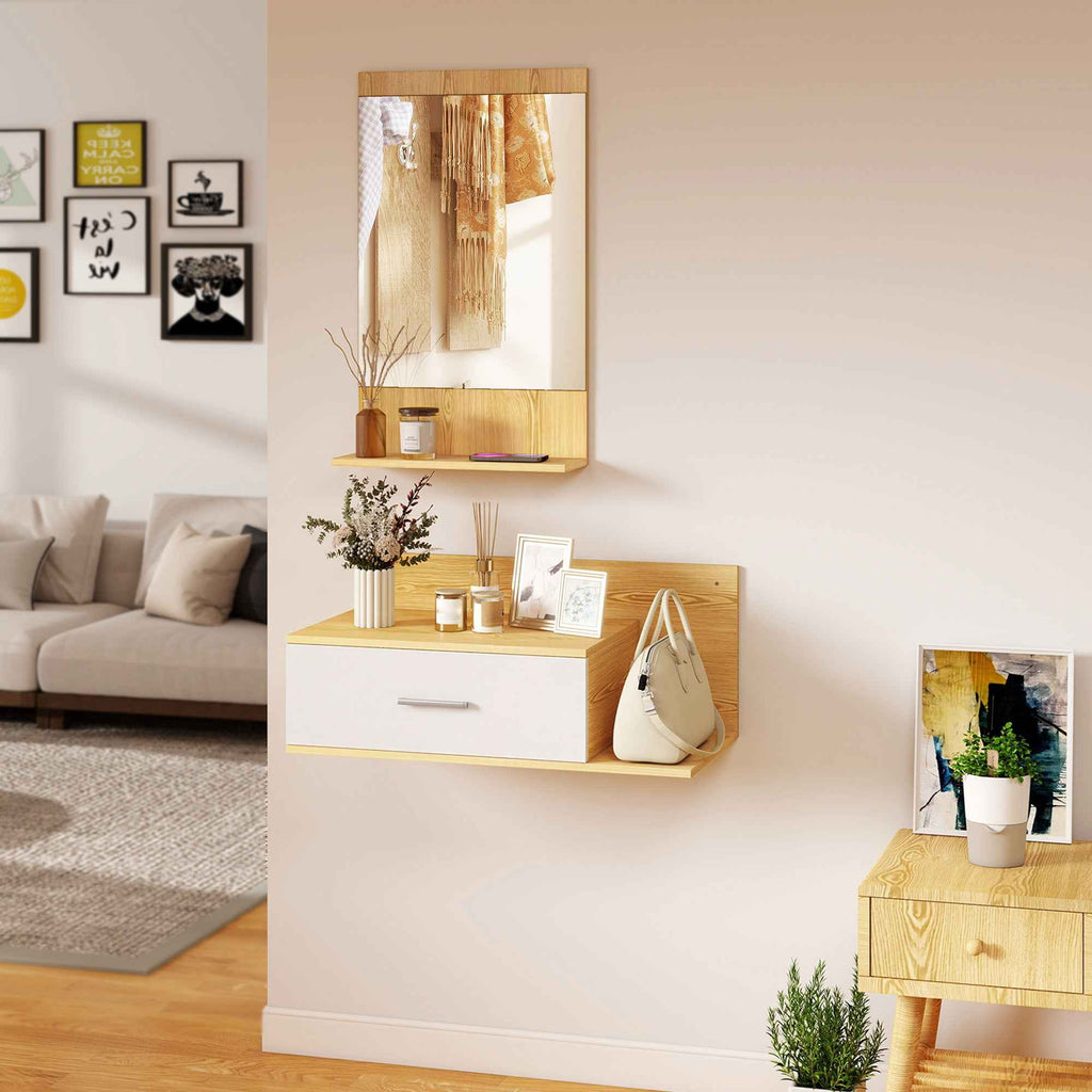 Hallway Set with Mirror, Shelf, Wall Cabinet with Drawer and 2 Open Shelves, Wood and Glass