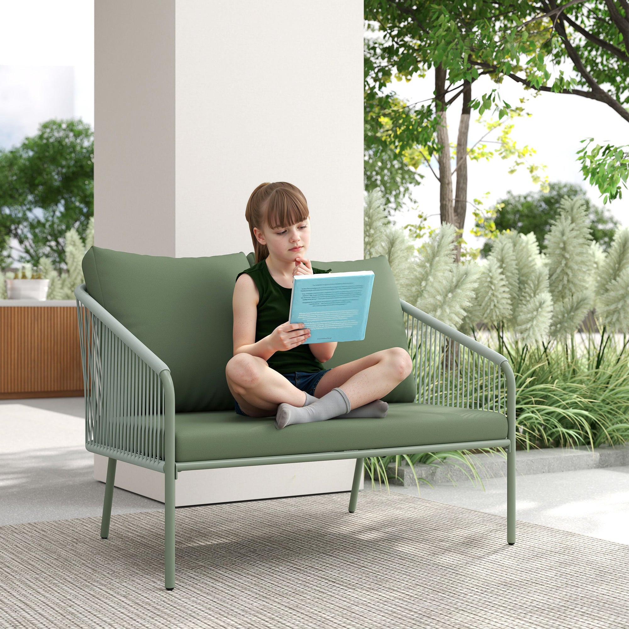 2 Seater PE Rattan Garden Sofa Boho Style with Removable Cushions and Armrests, Green