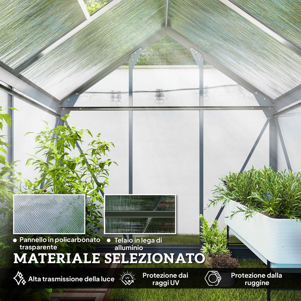 Outsunny Polycarbonate and Aluminum Garden Greenhouse with Sliding Door and Window, 190x132x201 cm, Gray