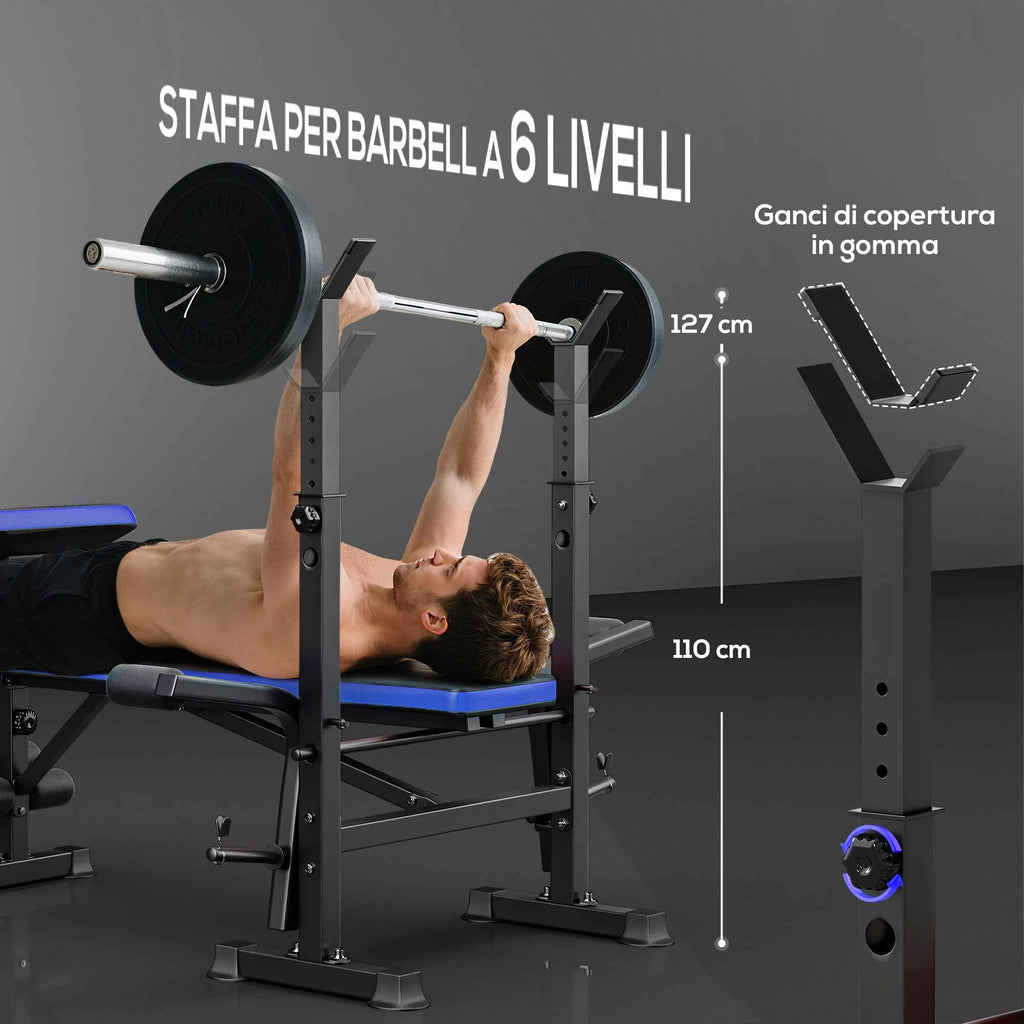 Multipurpose Bench with Barbell Support and Adjustable Backrest, Steel and Plastic, 175x139x127 cm, Black and Blue