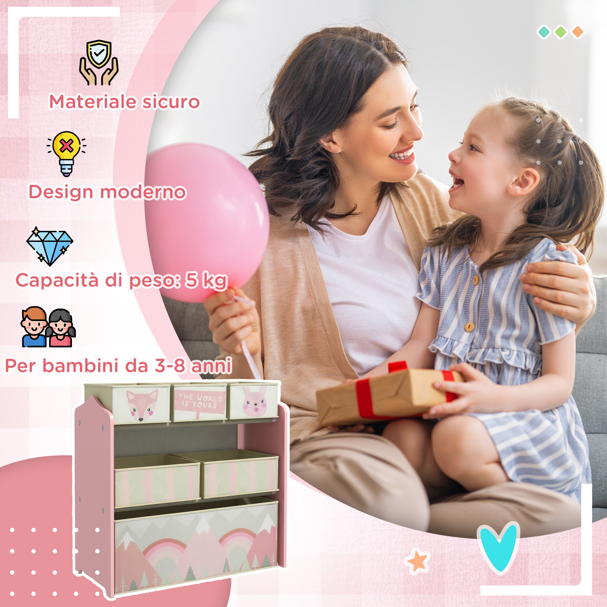 ZONEKIZ Children's Toy Shelf with 6 Removable Fabric Containers, 63x30x66cm, Pink - Borgè