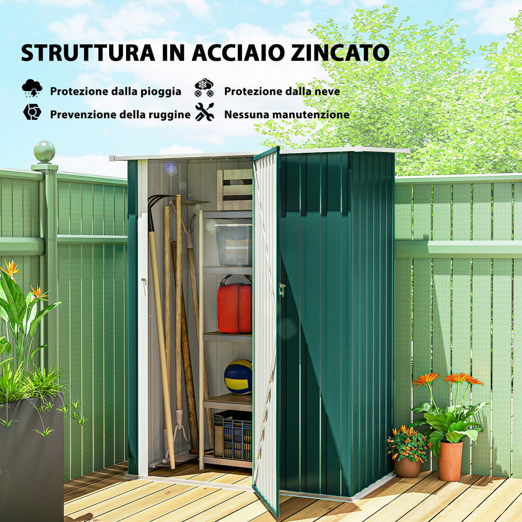 Outsunny Metal Tool Shed with Sloped Roof and Lockable Door, 142x86x189 cm, Green