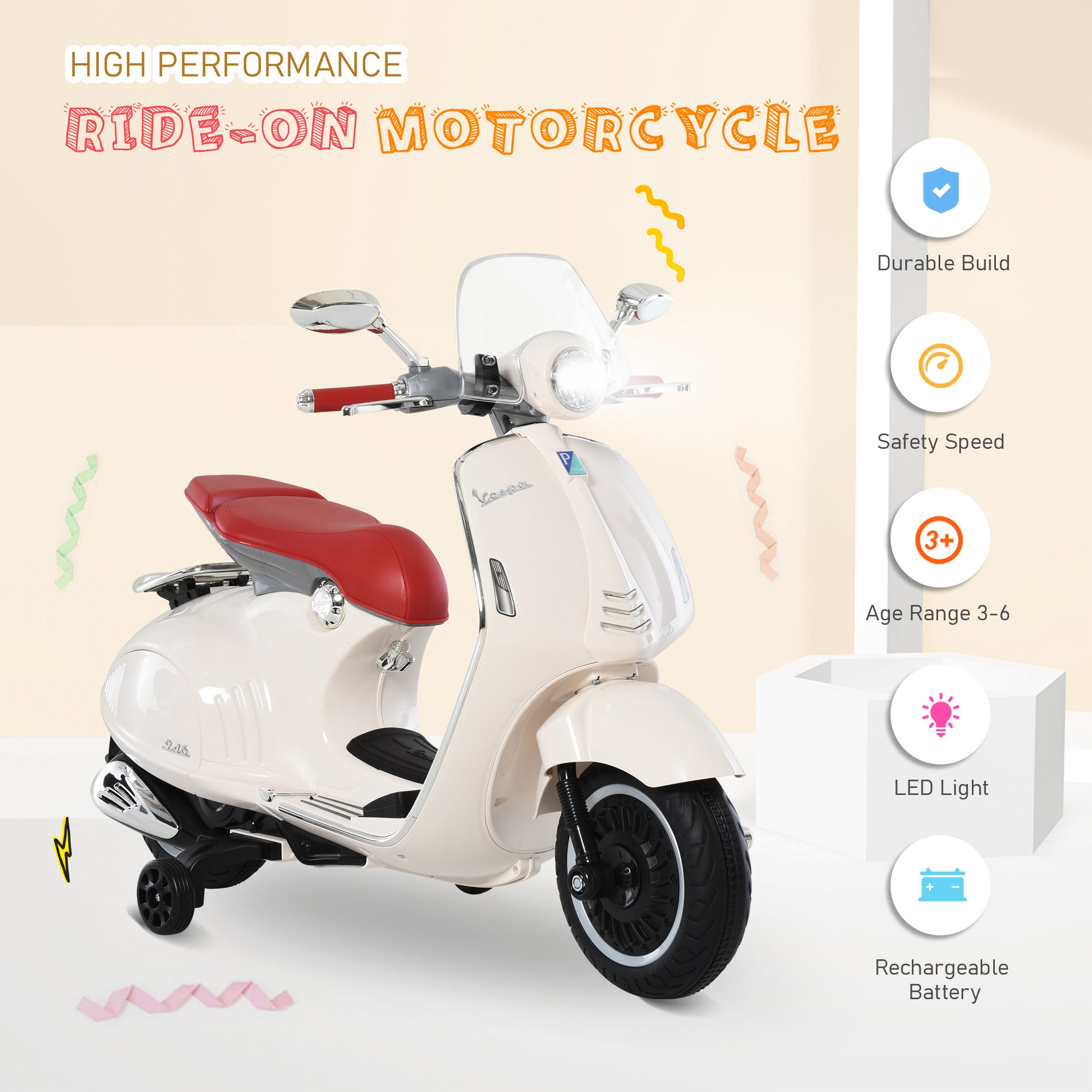 Homcom electric motorcycle for children with official Vespa, 2 wheel, lights and sounds, 108x49x75 cm, white - Borgè