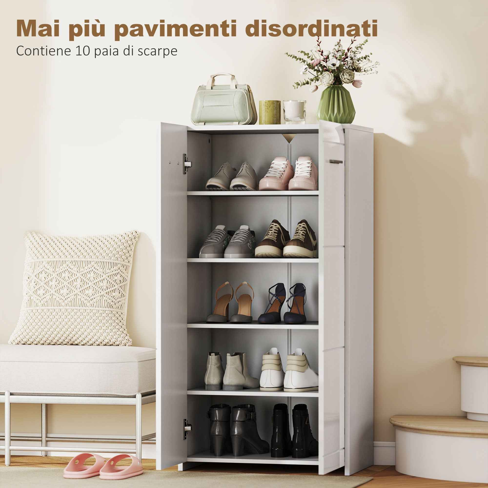 HOMCOM Modern Entryway Shoe Rack with 5 Adjustable Shelves, 55x36x108 cm, White
