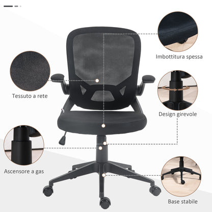 HOMCOM Ergonomic Office Chair with Adjustable Height, Folding Armrests and Mesh Fabric, Black - Borgè