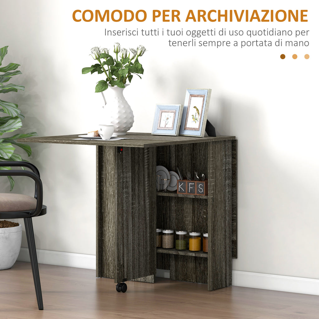 Drop-Leaf Table with 2 Lower Shelves for 6 People Max, Wooden 140x75x74 cm, Grey