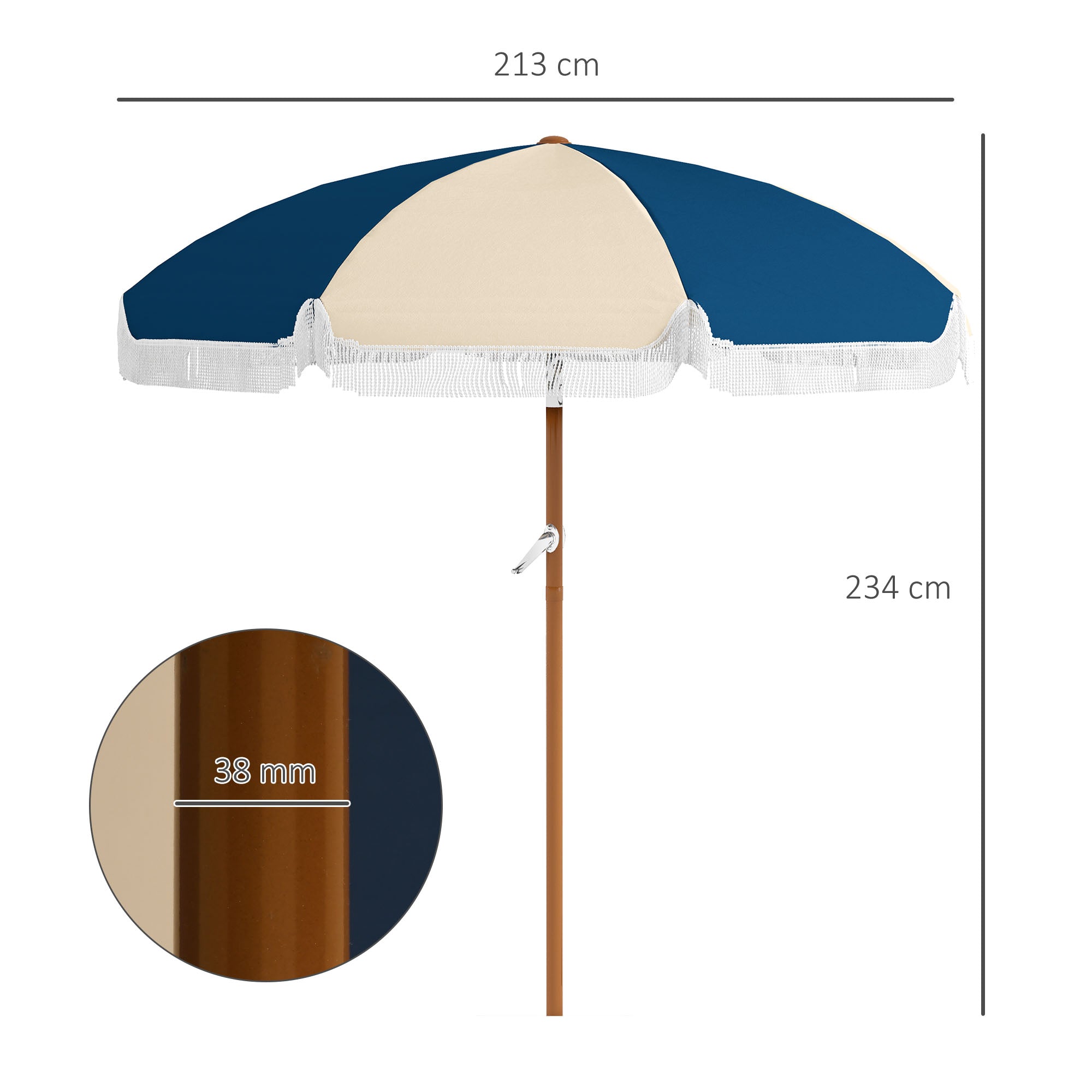 Round and Tilting Umbrella with 8 Ribs with Crank, in Polyester and Steel, Ø213x234 cm, Blue and Beige