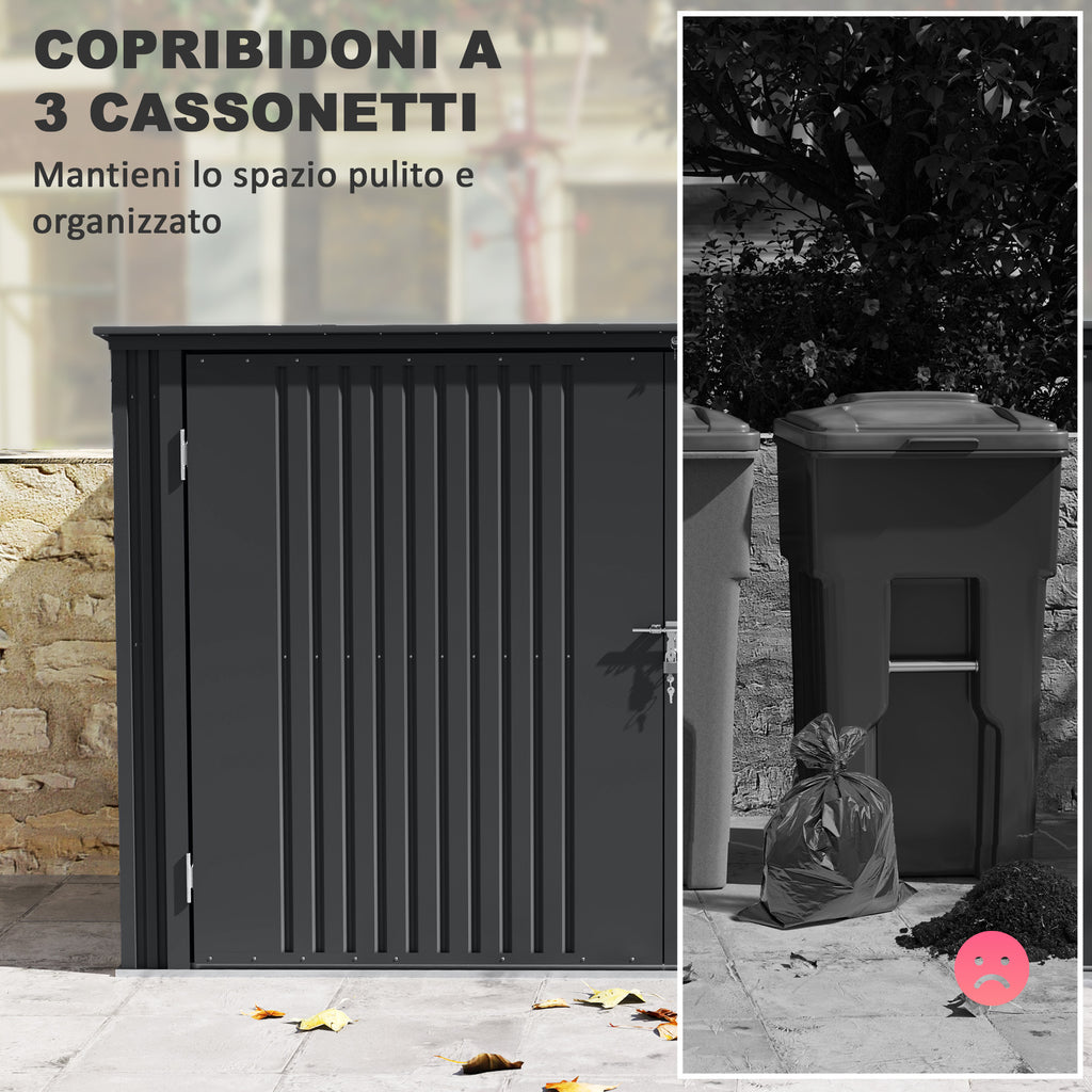 Steel Bin Covers for 3 240L Bins with 2 Doors and Lid, 233x105x118.5/133 cm, Dark Gray