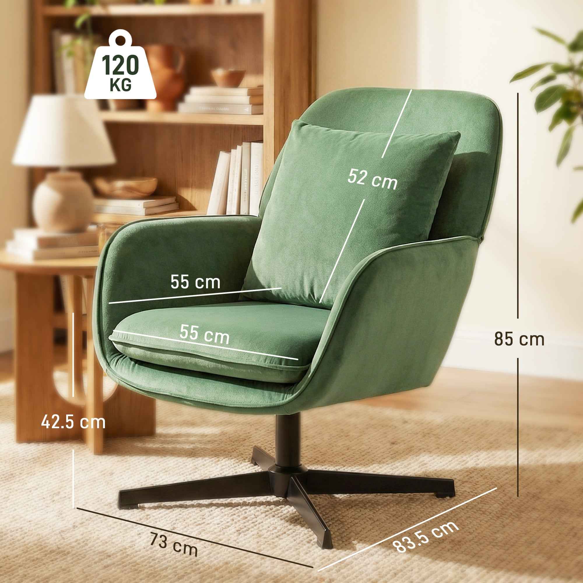 Swivel Lounge Chair with Lumbar Cushion and Velvet Fabric Upholstery, Green