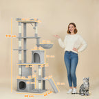 Cat Tree with 2 Houses, Hammock, Tunnel, and Bed, Sisal Poles, 60x40x170 cm, Grey