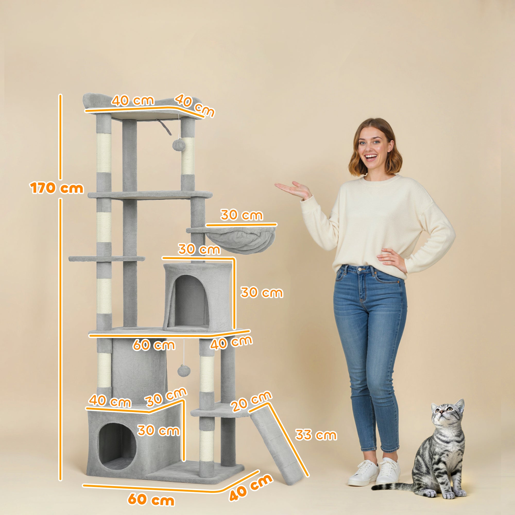 Cat Tree with 2 Houses, Hammock, Tunnel, and Bed, Sisal Poles, 60x40x170 cm, Grey