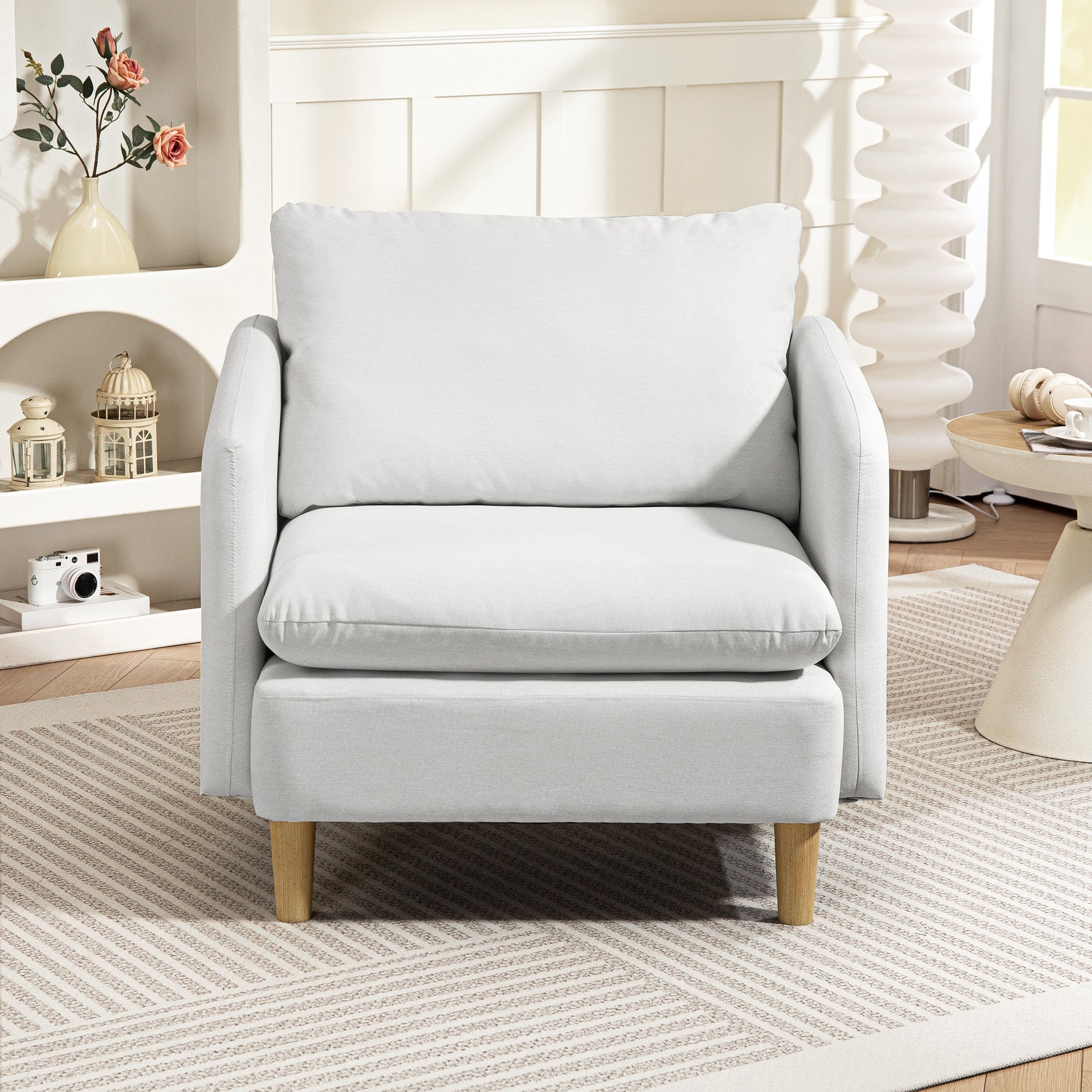 Modern Fabric Living Room Armchair with Wide Seat and Thick Padding, 90x86x91 cm, Cream