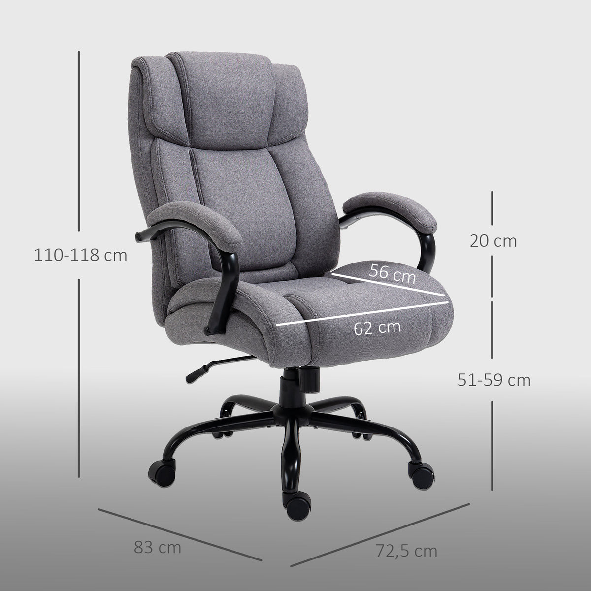 Vinsetto Ergonomic Office Chair in Linen-Effect Fabric, 220kg Load Capacity, Swivel, Height-Adjustable, Light Grey