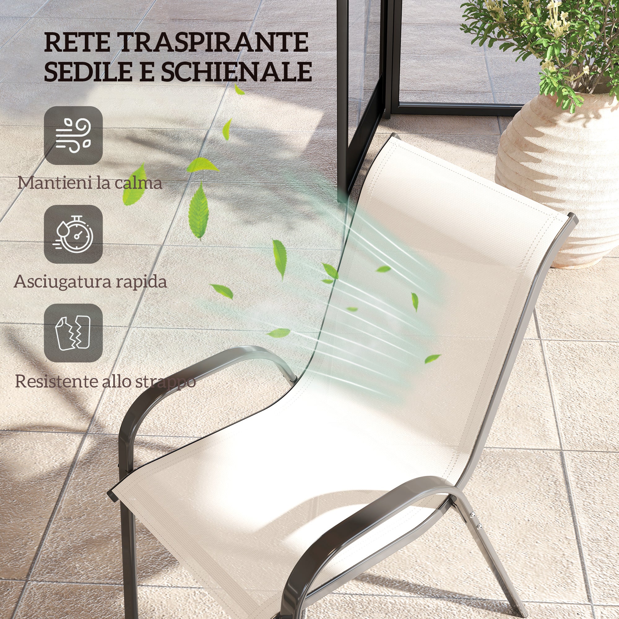 Outsunny Set of 4 Stackable Garden Chairs with Curved Armrests, Steel and Breathable Fabric, 54x71x93 cm, Beige