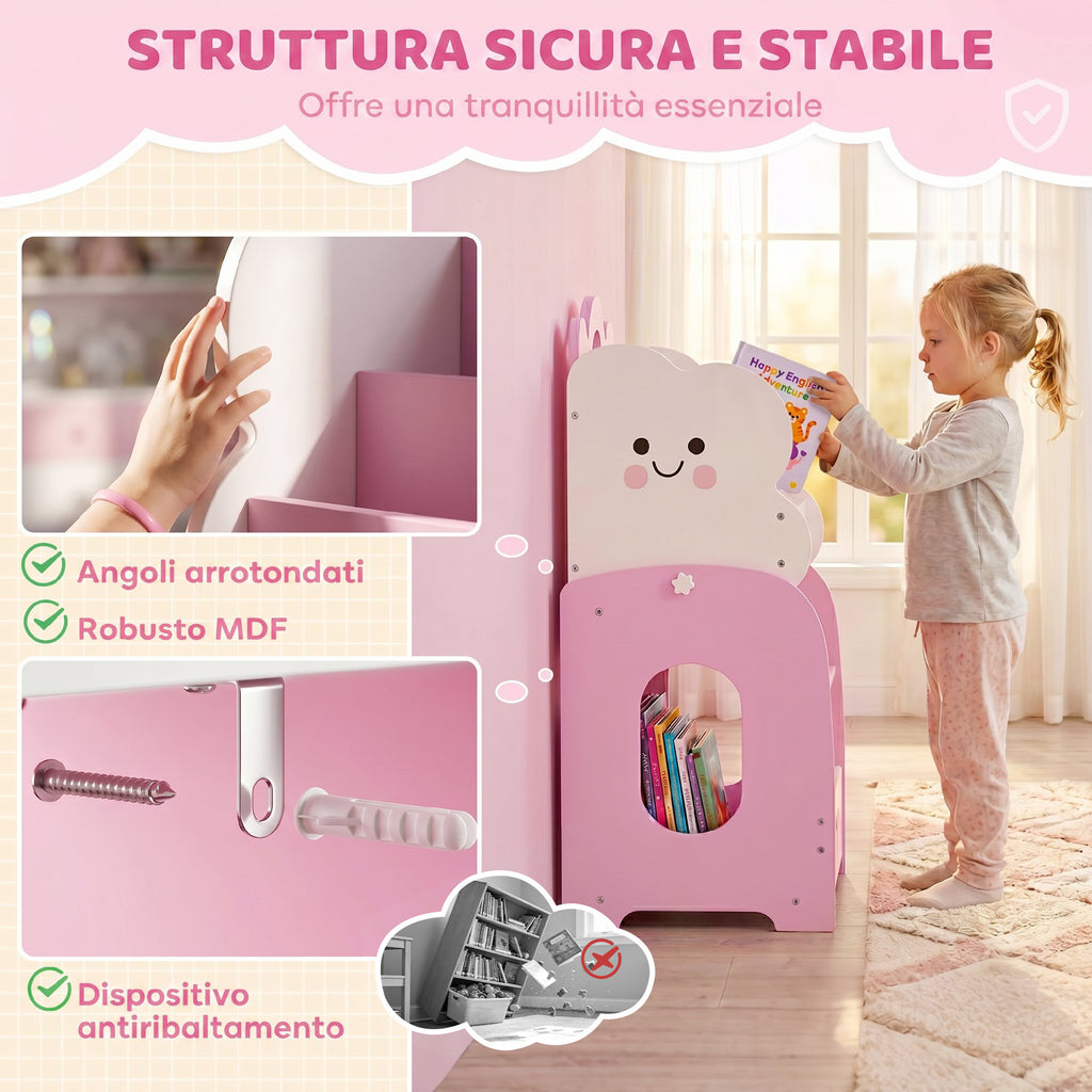 AIYAPLAY Children's Wooden Cabinet with Magazine Rack, 3-Tier Bookcase and Bedside Table, 85.5x32x72 cm, Pink and White