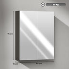 Bathroom Wall Cabinet with 2 Doors, Mirror and 2 Internal Shelves in MDF, 60x15x75 cm, Black