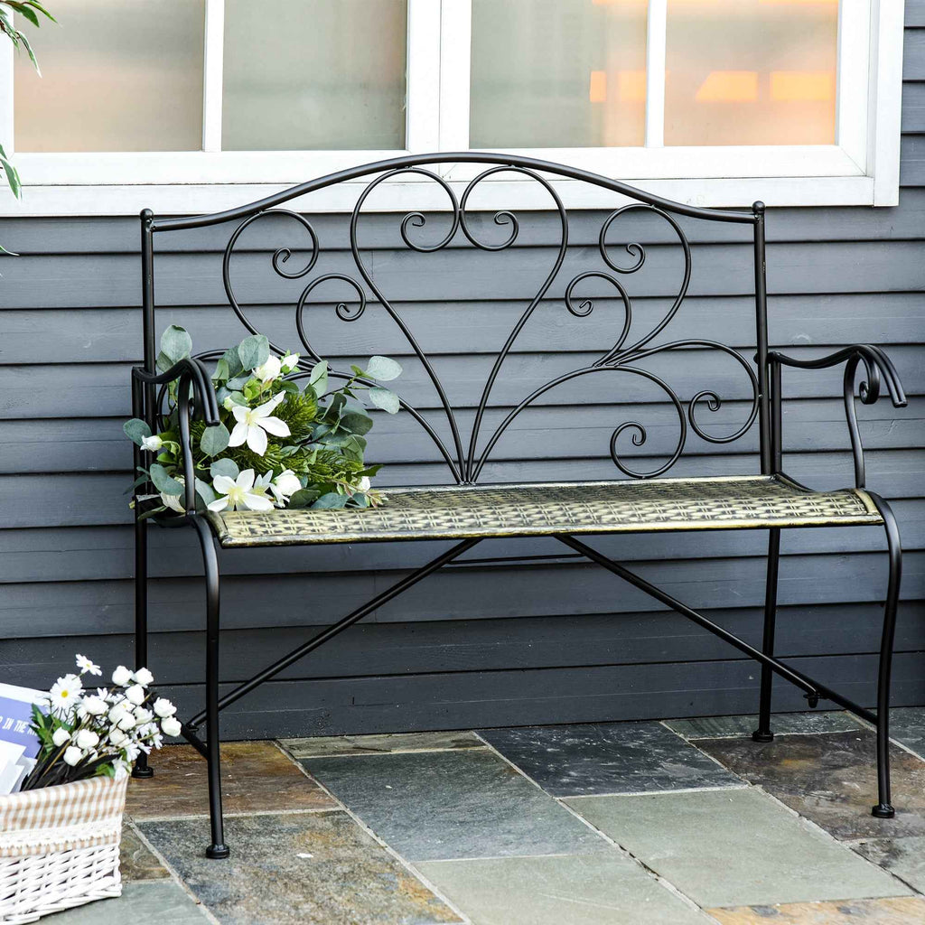 Outsunny Iron Garden Bench, Vintage Style 2-Seater Outdoor Bench, 100x 50x88cm, Black