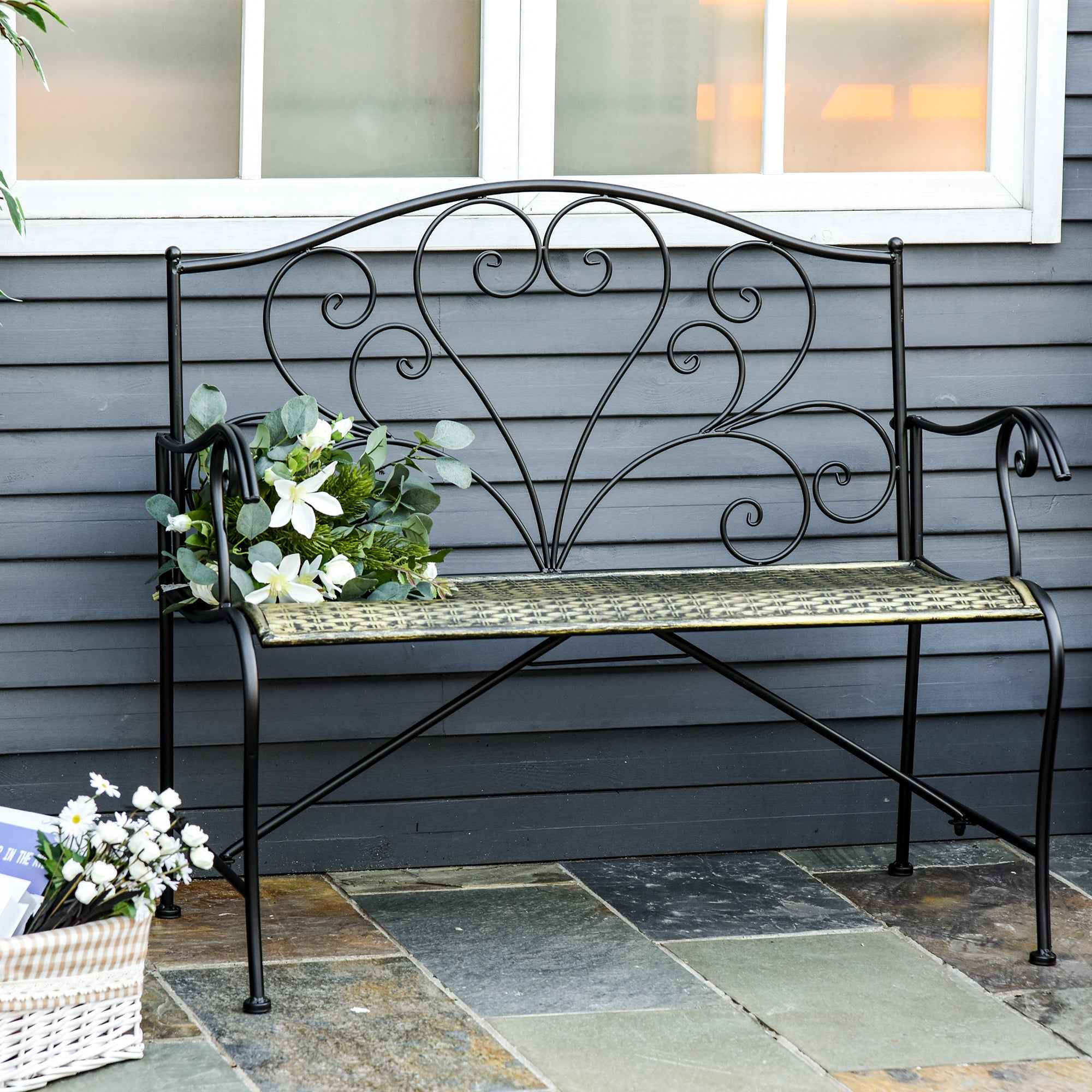 Outsunny Iron Garden Bench, Vintage Style 2-Seater Outdoor Bench, 100x 50x88cm, Black