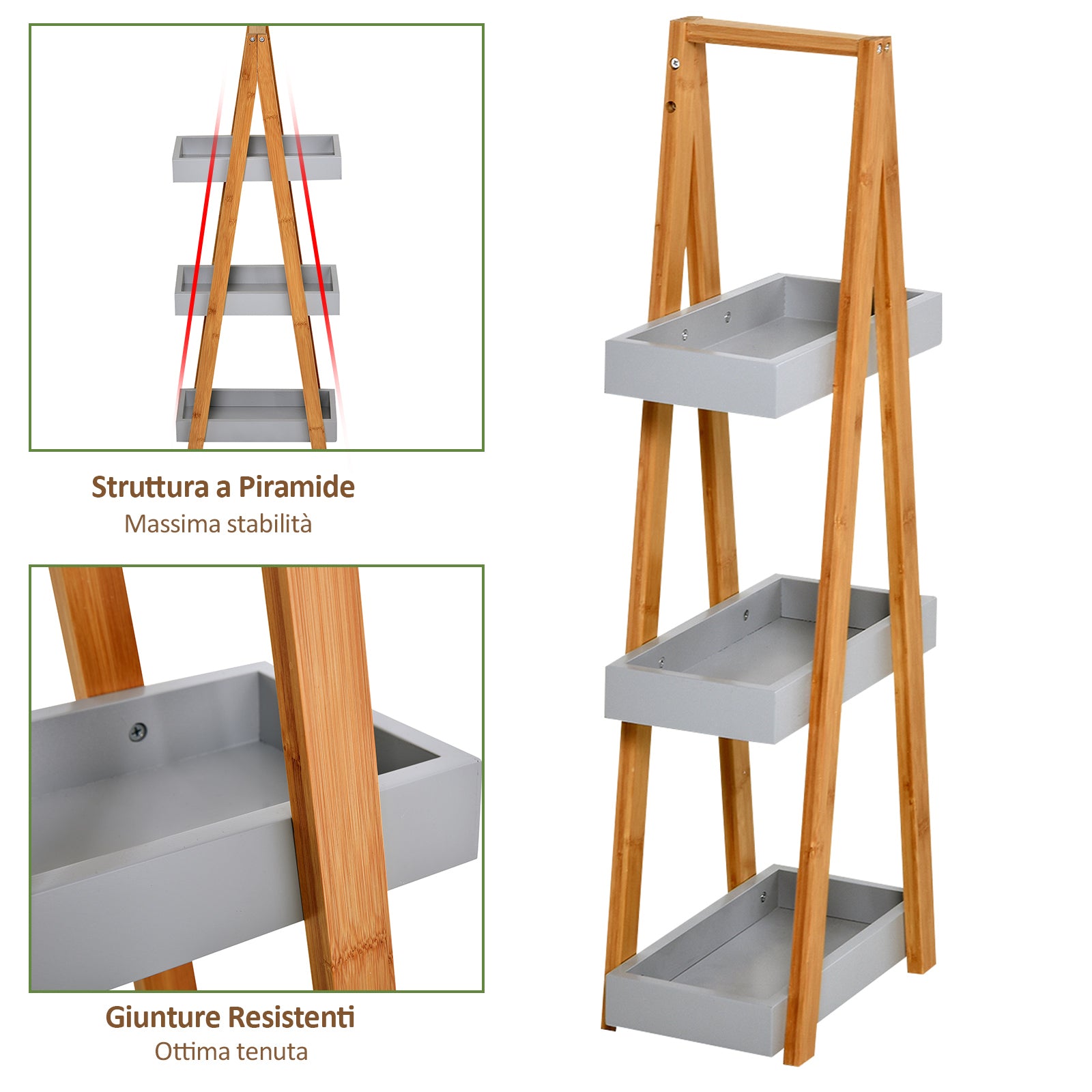 Kleankin Space-Saving Bathroom Shelf in MDF and Bamboo, Pyramid Shape with 3 Shelves, Wood and Grey Color, 30x18x81cm