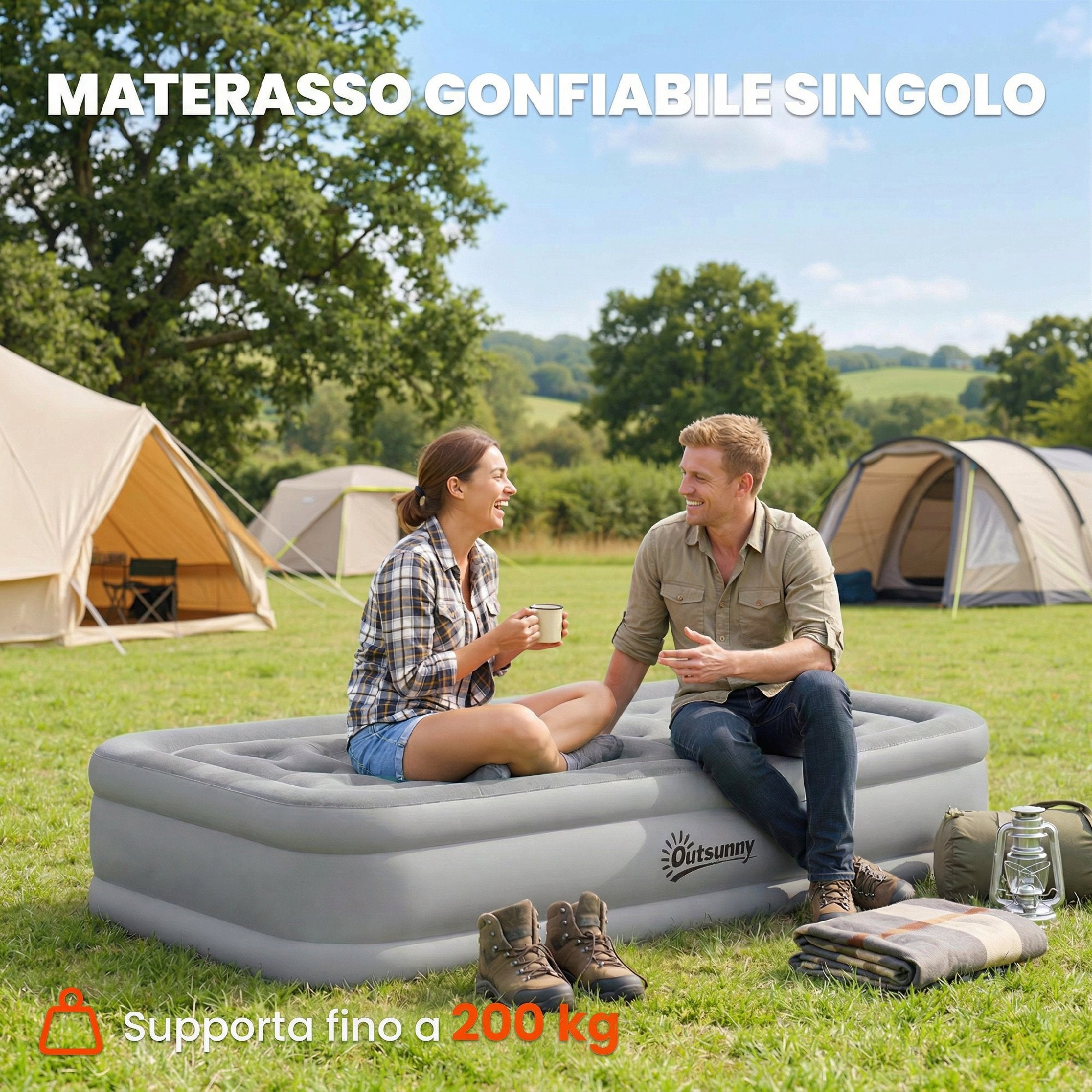 Outsunny Self-Inflating Single Mattress, Flocked Surface, with Inflation Pump and Carry Bag, Grey