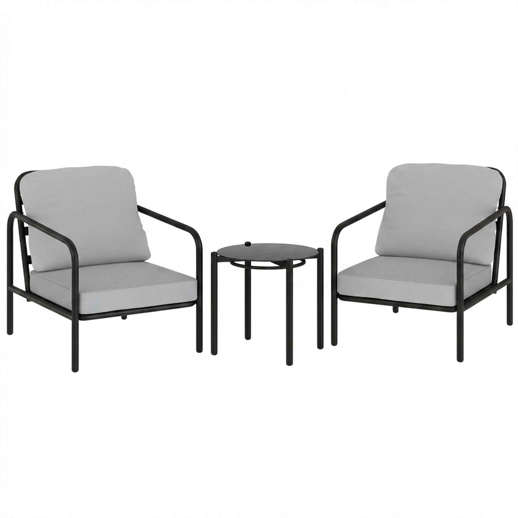 Outsunny 3-Piece Steel Bistro Set with 2 Chairs with Thick Cushions, Black Tempered Glass Top Coffee Table