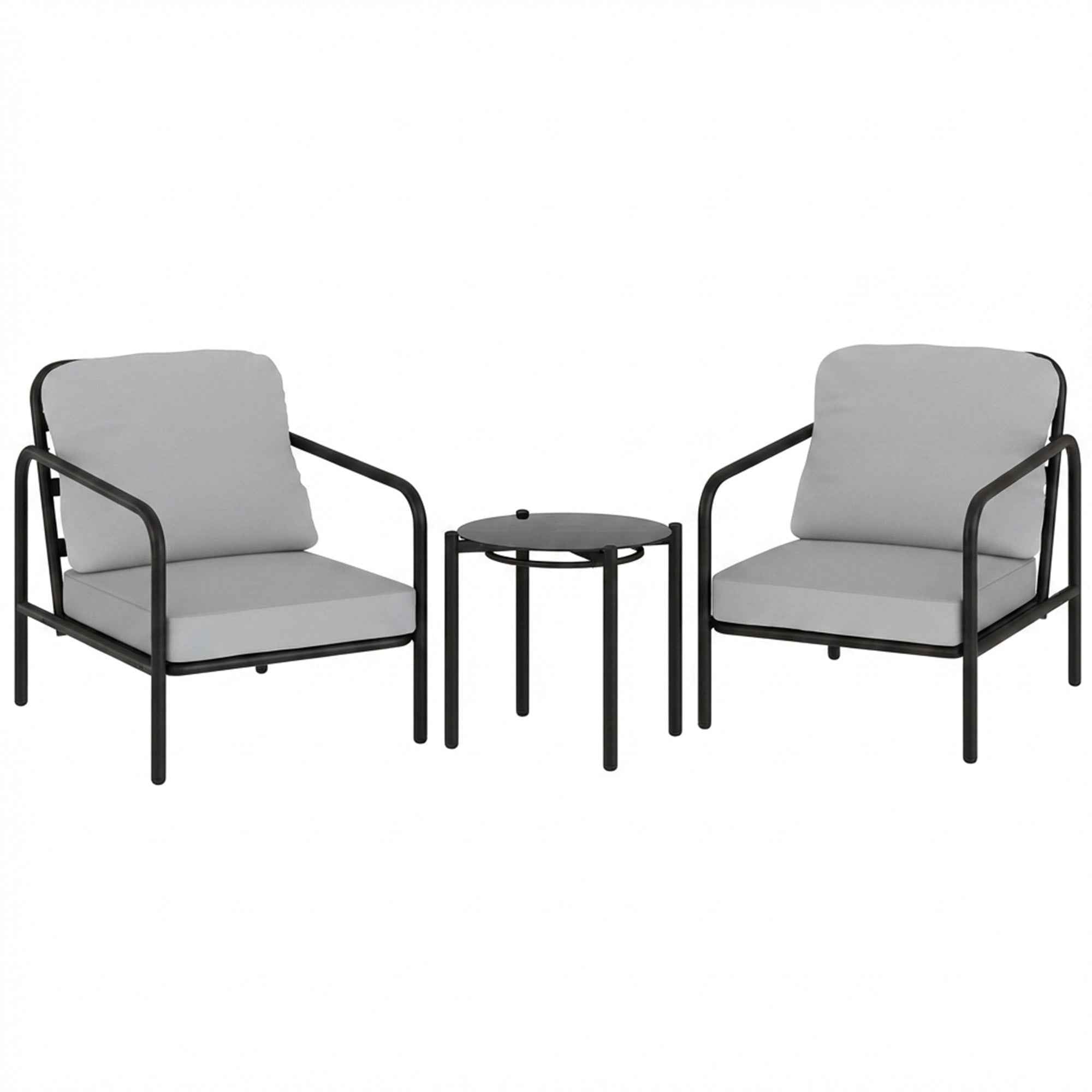 Outsunny 3-Piece Steel Bistro Set with 2 Chairs with Thick Cushions, Black Tempered Glass Top Coffee Table