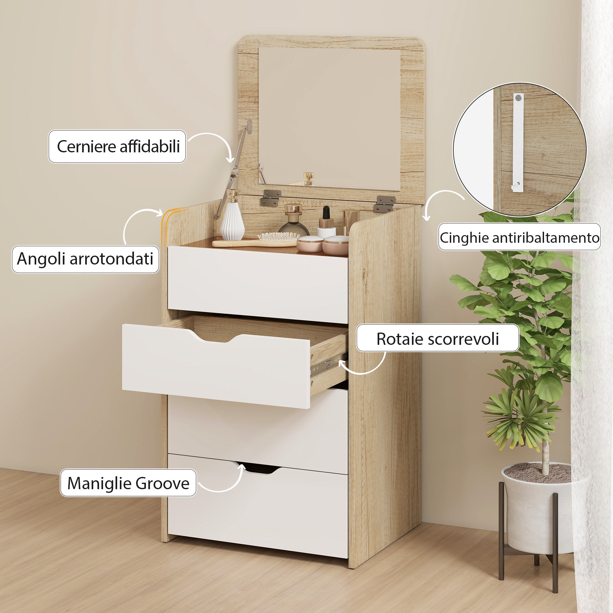 3-in-1 Dressing Table with Mirror, Storage, 2 Drawers and Stool, Wooden, 50x40x78 cm, White and Oak