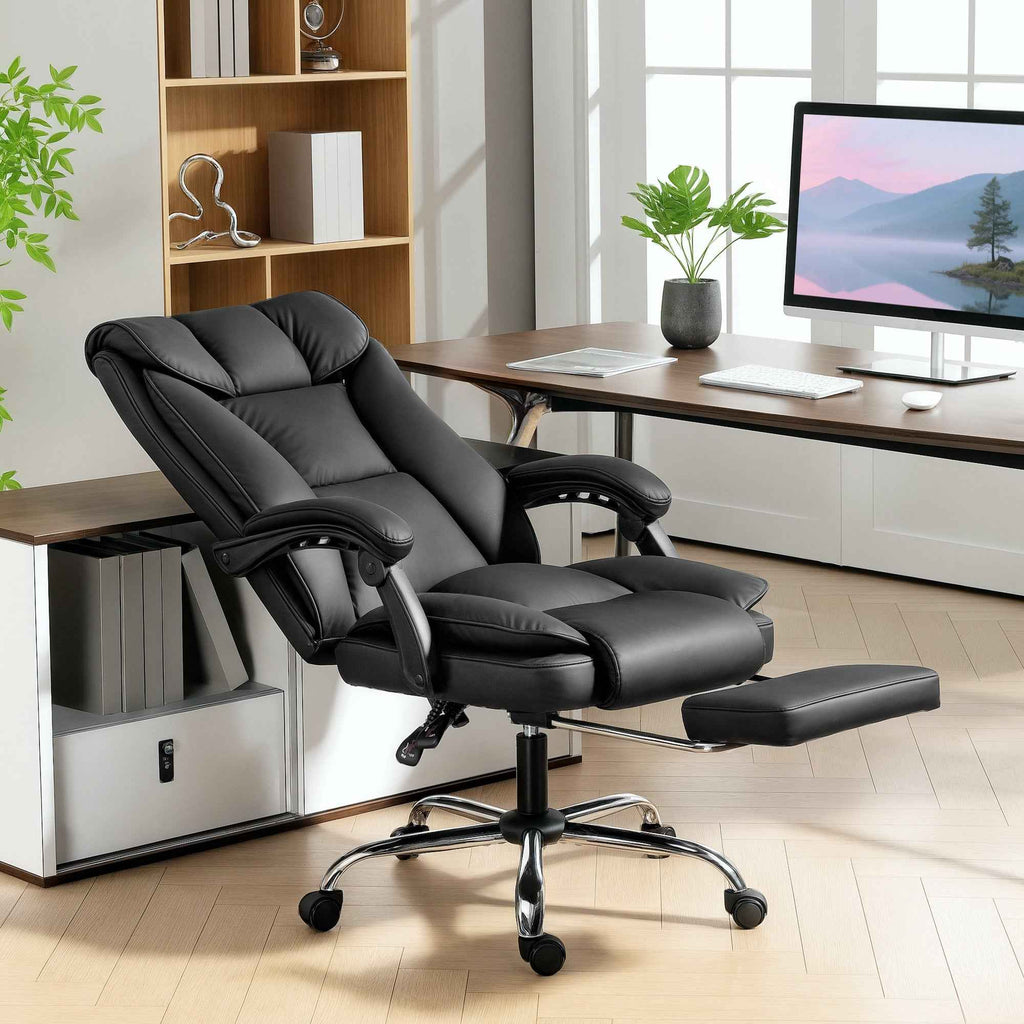 HOMCOM 155° Reclining Office Chair with Footrest, Double Padding and Faux Leather Upholstery, Black