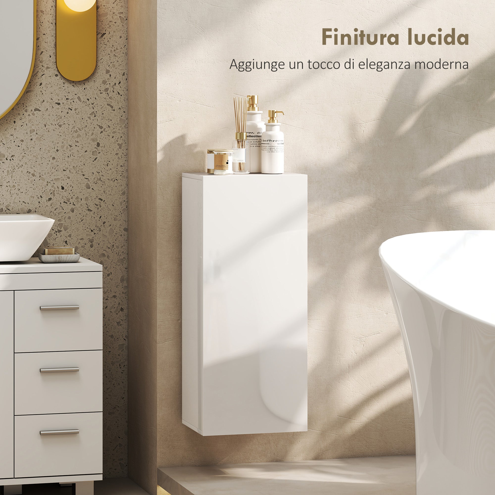 HOMCOM Bathroom Cabinet with 2 Adjustable Glass Shelves and Handleless Door, Gloss White