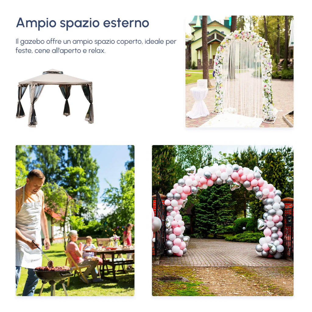 3x3m Garden Gazebo with Mosquito Net, Metal Frame and Polyester Cover, Taupe - Borge' Group Limited
