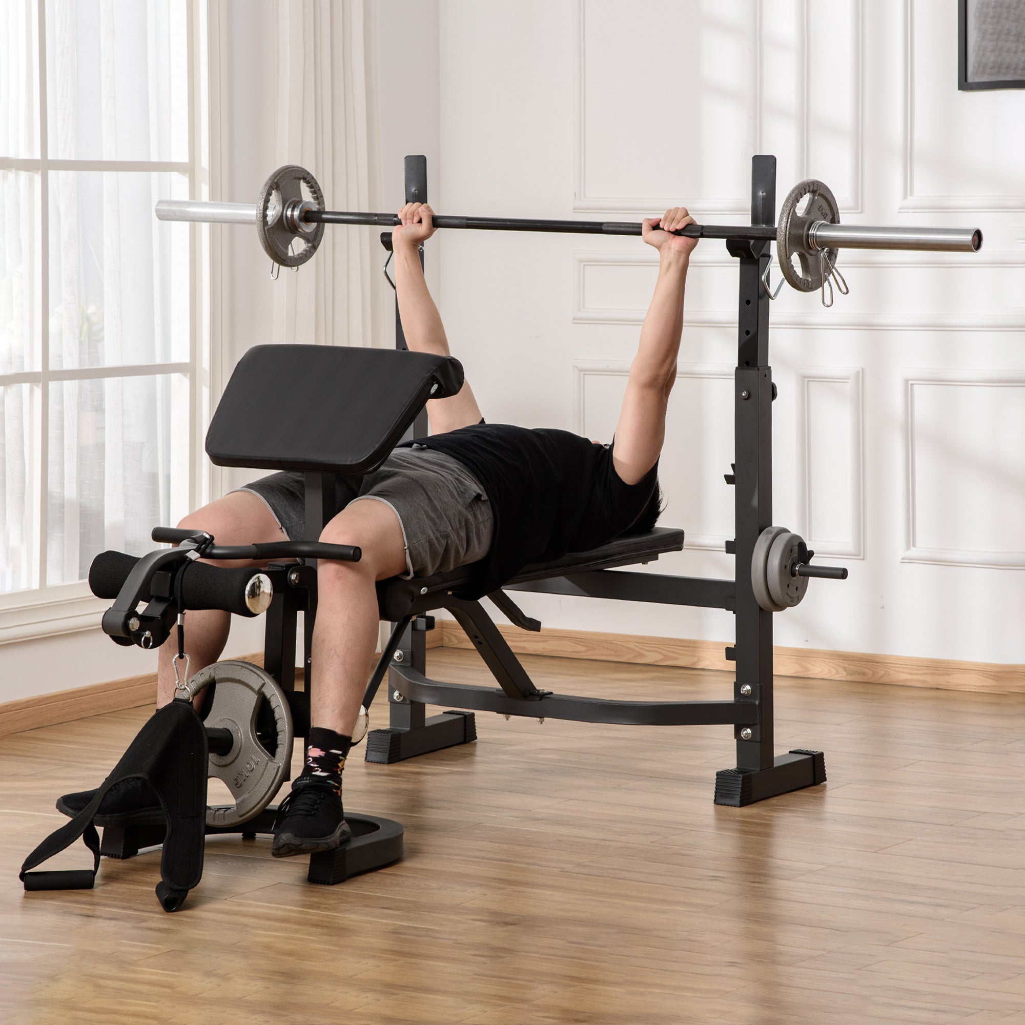 HOMCOM Adjustable Multifunctional Weight Bench with Barbell Rack, Steel and PU, 73.5x55x46-53.5 cm, Grey and Black