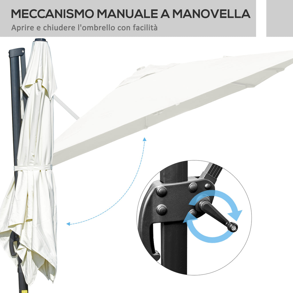 3x3m Cantilever Umbrella Tiltable with Crank and Cross Base, in Steel and Polyester, Cream White