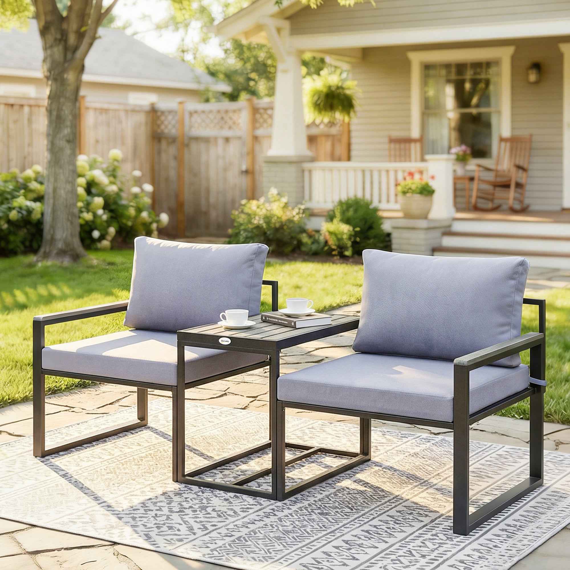 Outsunny 3-Piece Outdoor Set with Garden Table and 2 Chairs with Texteline Seat and Cushions, Grey