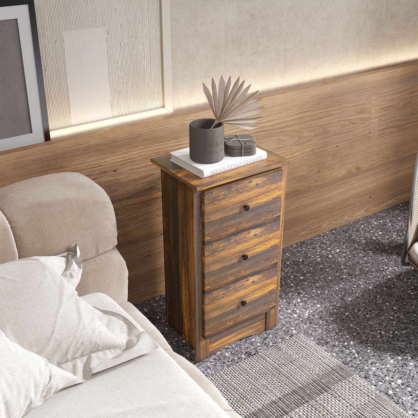 Bedside table with 3 drawers in rustic style in wood, 40x30x74 cm, Brown