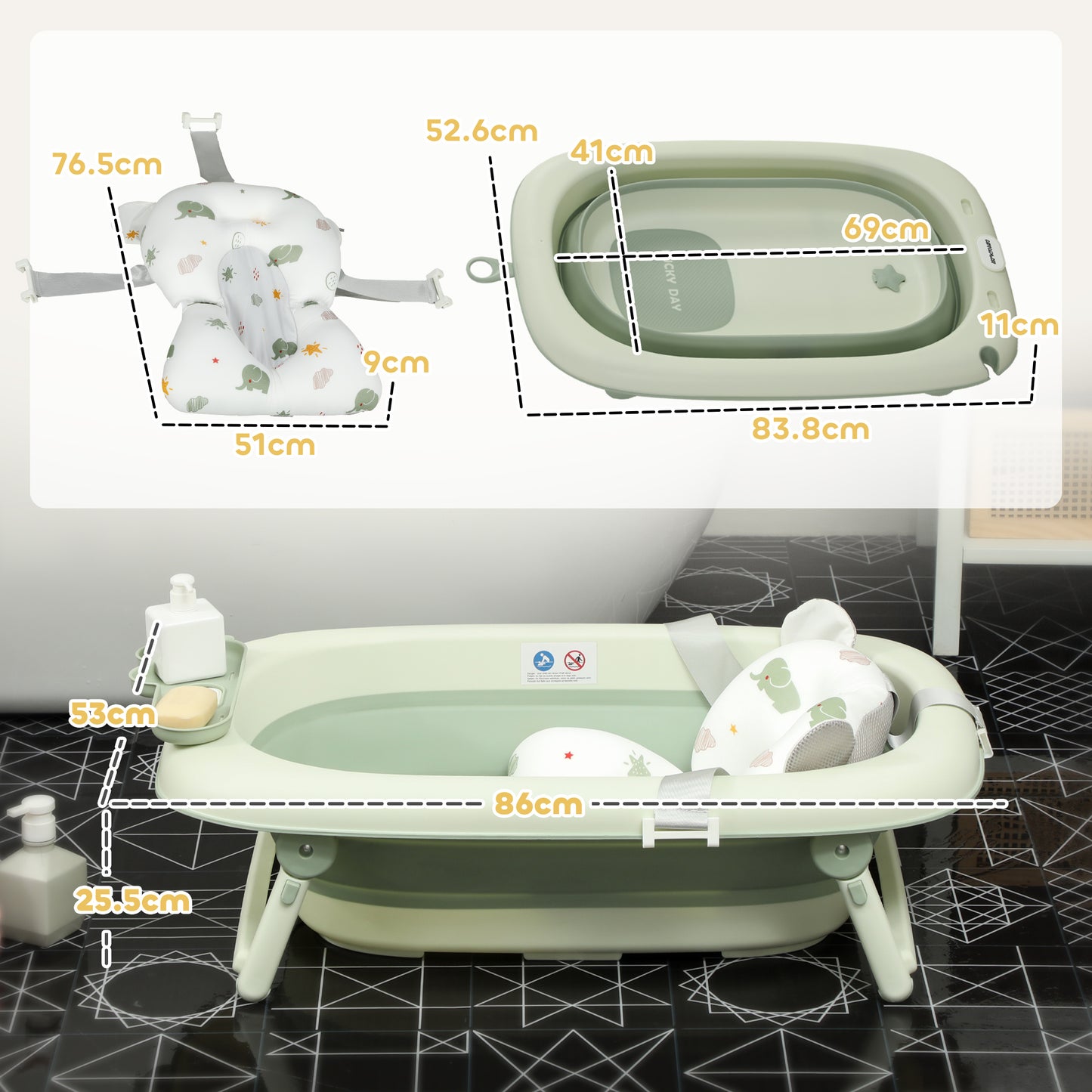 Foldable Baby Bath Tub with Pad and Washbasin, Non-Slip Plastic, 86x53x25.5 cm, Green