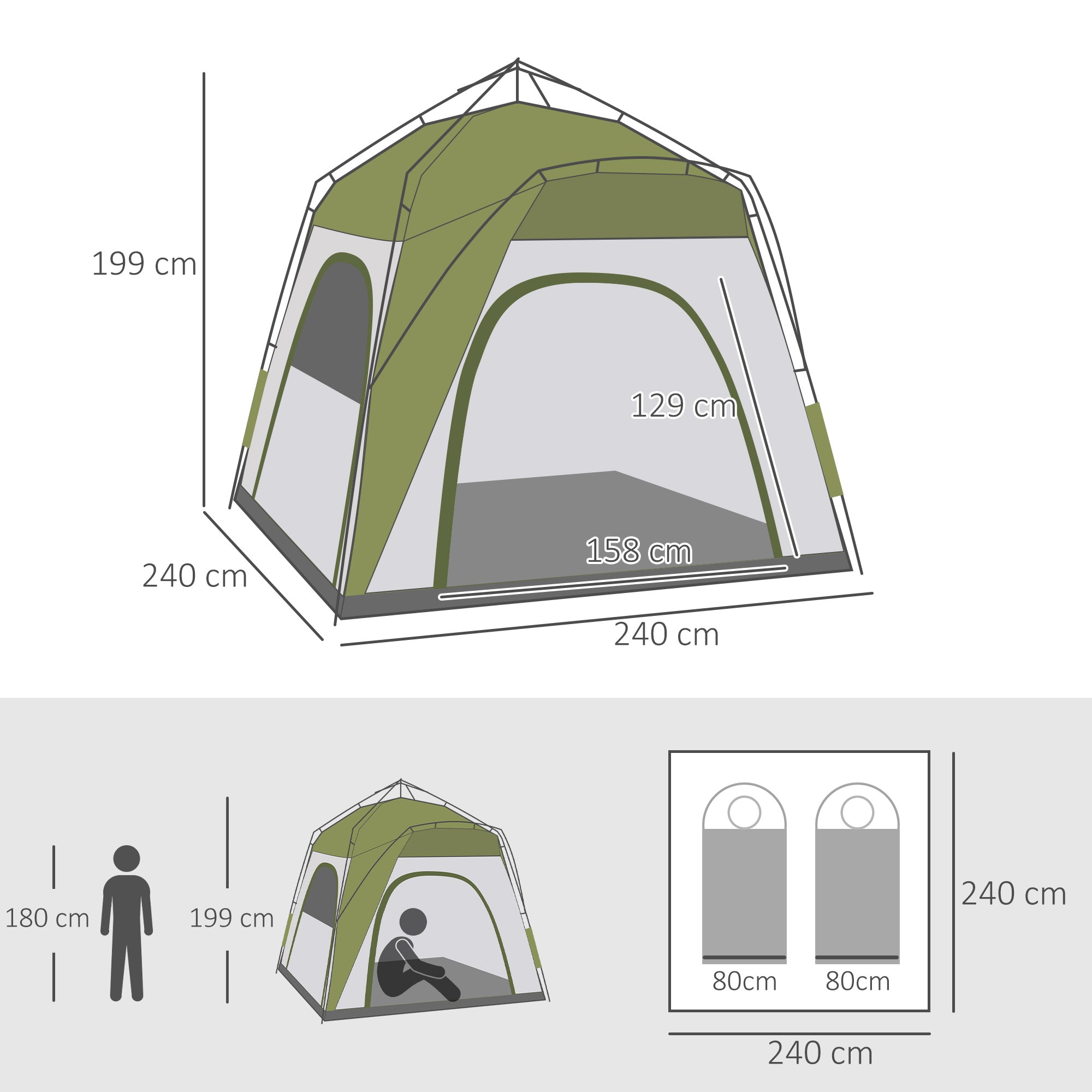 2-Person Pop-Up Camping Tent with Zippered Door and 3 Windows, 240x240x199 cm, Green