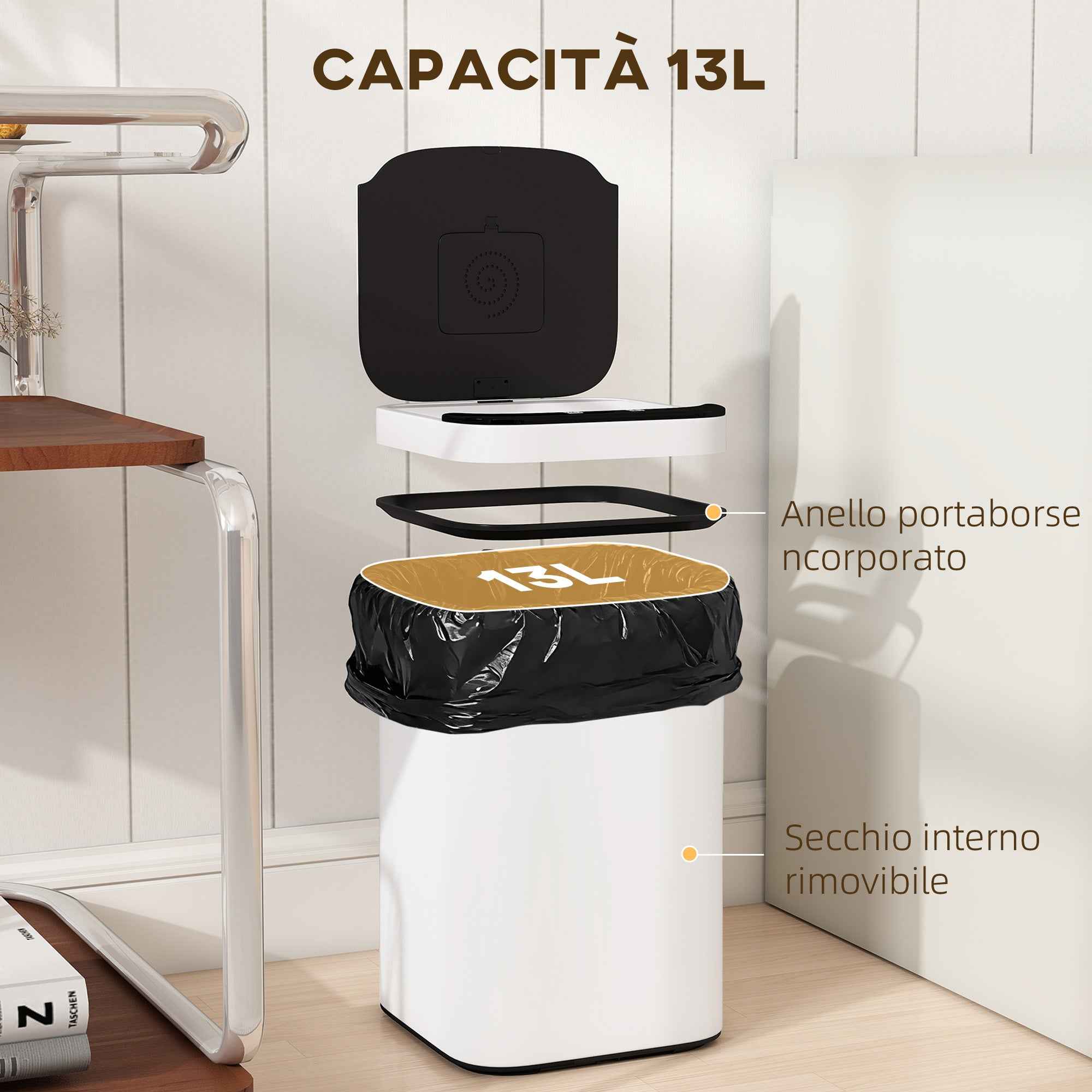HOMCOM 13L Sensor Garbage Can with Space for Deodorants, Steel and PP, 24x24x41 cm, Black and White