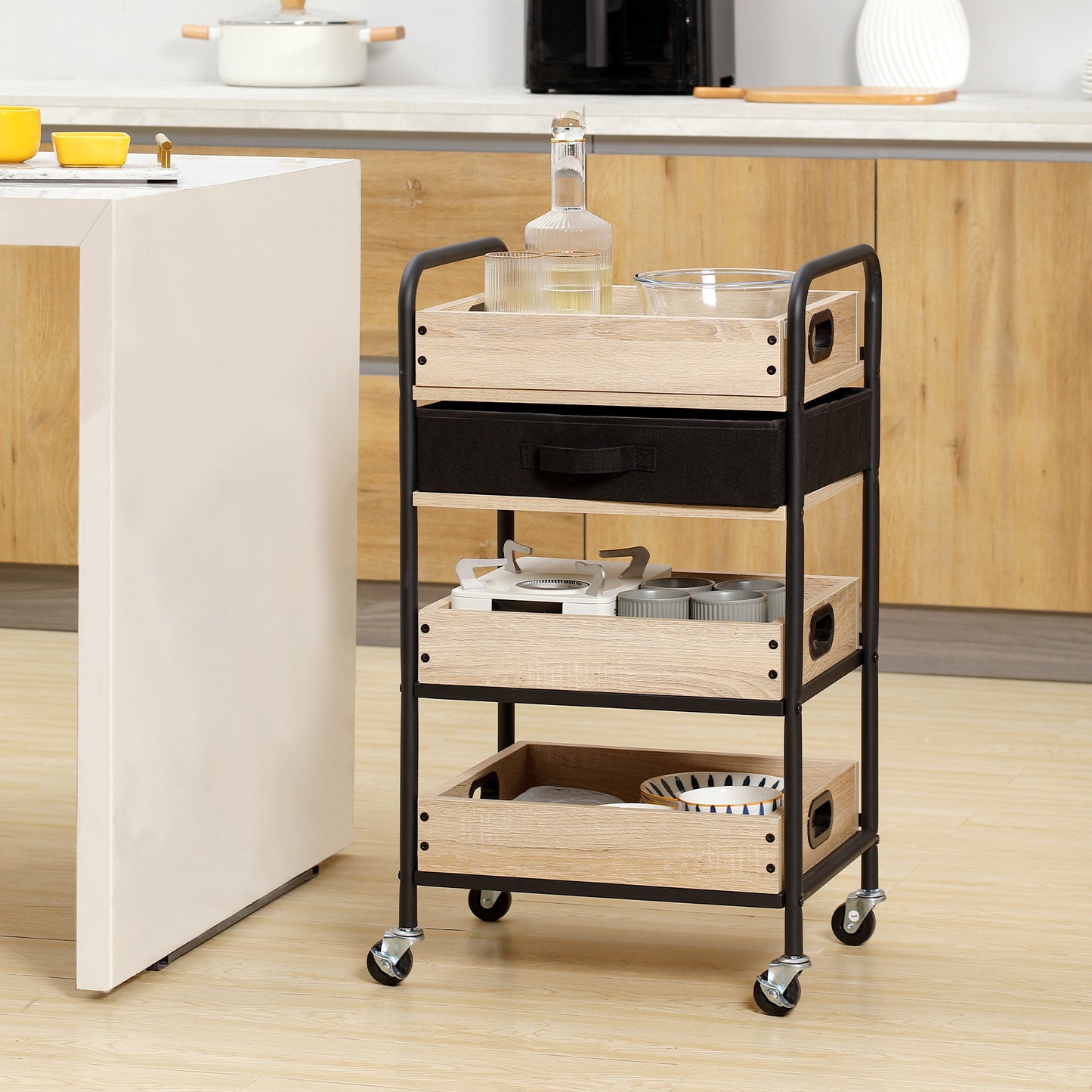 4-Tier Kitchen Trolley with Drawer and Serving Trays, Wood and Steel, 45x35x79.5cm