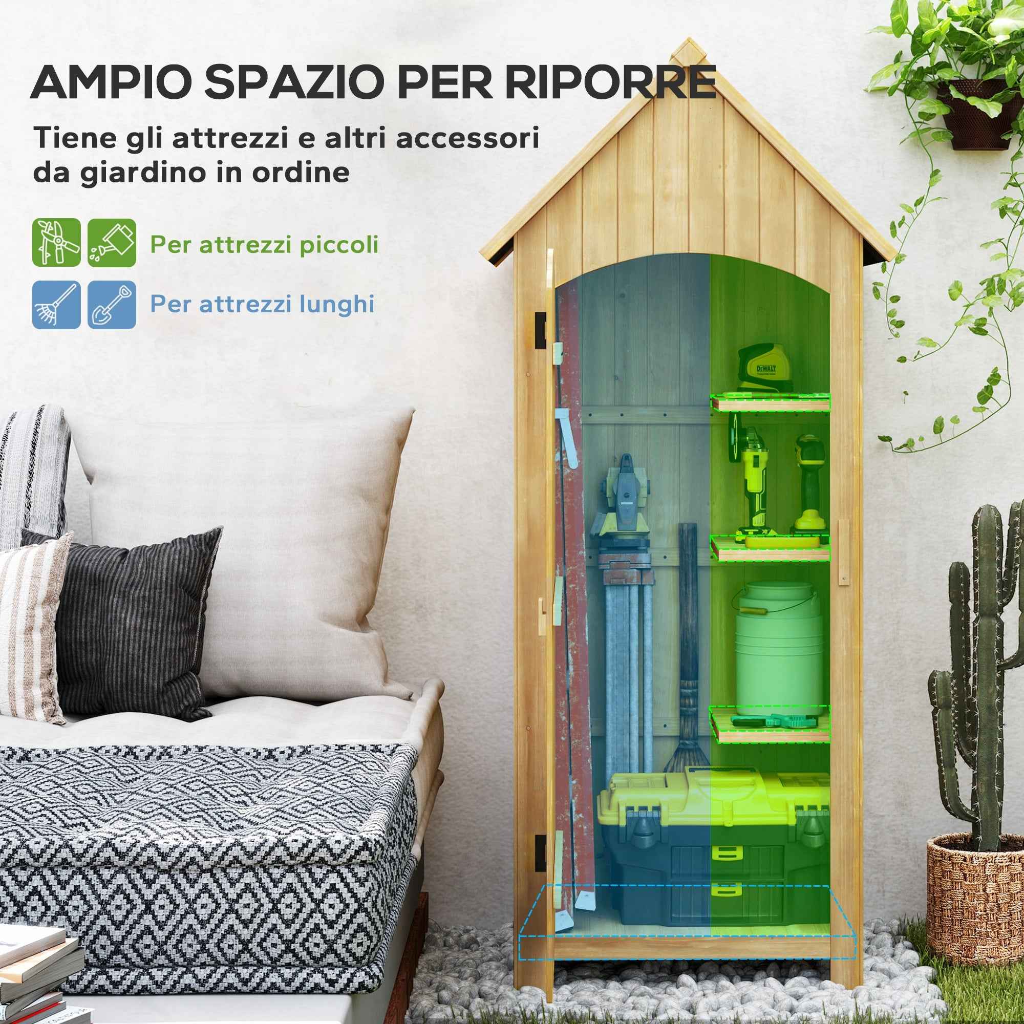 Outsunny Fir Wood Garden Storage Shed with 3 Shelves, Waterproof Sloped Roof Garden Tool Shed for Patio Deck, 77.5 x 54.2 x 179.5 cm, Wood Color