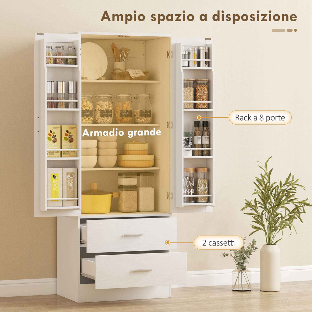 HOMCOM Kitchen Cabinet Sideboard with 8 Spice Racks and 2 Drawers, 60x40x159 cm, White